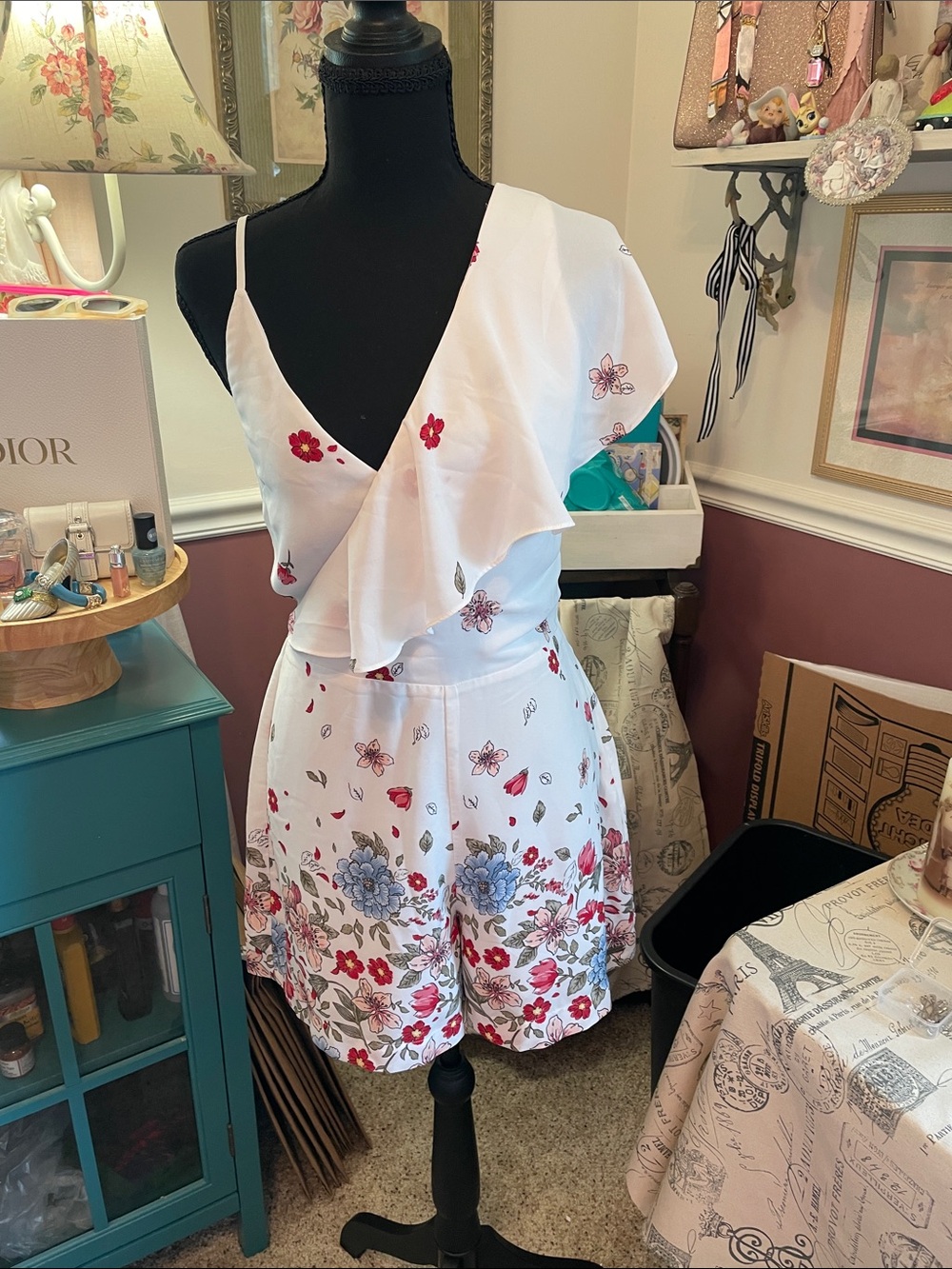 White Floral Ruffle One-Shoulder RomperPepe Jeans London